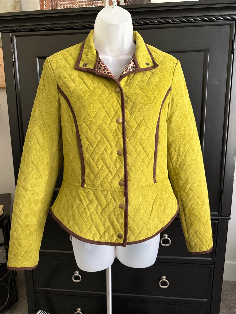 Tasha Polizzi Quilted Lime Green Women's Jacket with Brown Contrast Trim